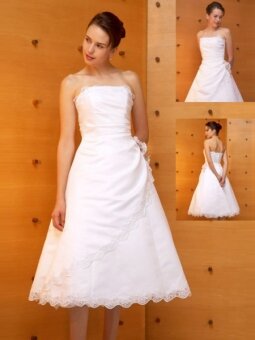 White A-line Strapless Tea Length Taffeta Lace Wedding Dresses