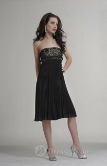 Empire Strapless Beading Lace Chiffon Black Tea-length Dress