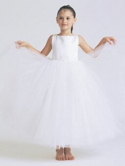 Bateau Ball Gown Ankle Length White Tulle Flower Girl Dress (FLGL0006)