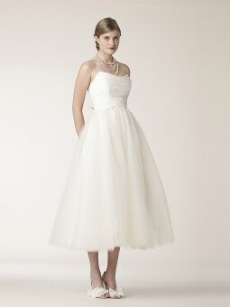 A-line Strapless Tulle Satin Tea-length Sashes / Ribbons Wedding Dresses