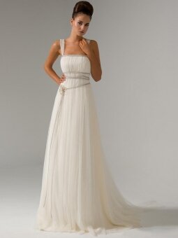 A-line Straps Tulle Sweep Train Pearl Detailing Wedding Dresses