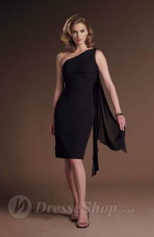 Sheath/Column One Shoulder Ruffles Chiffon Black Knee-length Dress