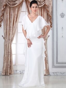 Sheath/Column V-neck Chiffon Floor-length White Draping Wedding Dresses