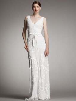 Sheath/Column V-neck Lace Chiffon Floor-length Wedding Dress