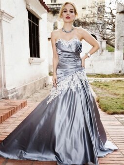 A-line Sweetheart Satin Court Train Appliques Prom Dresses