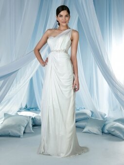 White Chiffon Floor Length One Shoulder Embellished Trim Empire Beach Wedding Dress