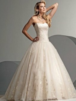 Ball Gown Strapless Embroidery Tulle Chapel Train Wedding Dress