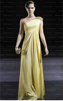 Sheath/Column One Shoulder Light Yellow Crystal Cascading Ruffle Satin Floor-length Evening Dress