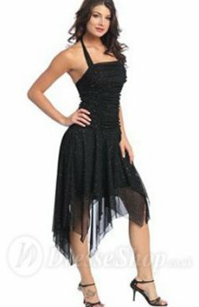 Sheath/Column Halter Beading Ruffles Tulle Black Asymmetrical Dress