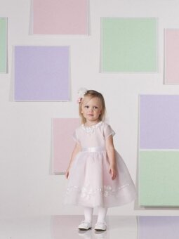 Scoop A-line Tea Length Beading Pearl Pink Organza Flower Girl Dress (FLGL0122)