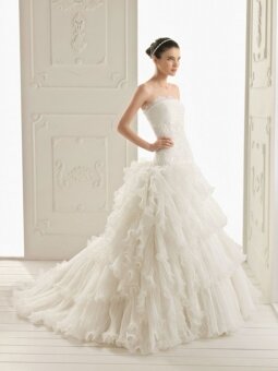 A-line Strapless Organza Lace Chapel Train Ivory Tiered Wedding Dress