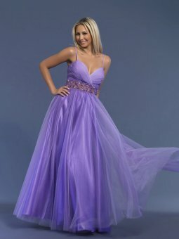 A-line Spaghetti Straps Tulle Satin Floor-length Lilac Beading Prom Dresses