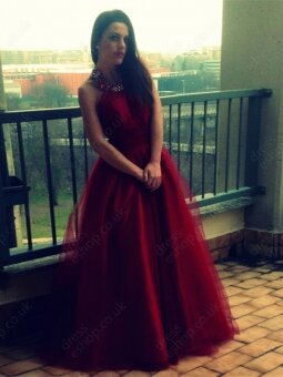 A-line Jewel Tulle Satin Floor-length Beading Prom Dresses