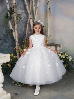 Bateau Ball Gown Ankle Length Floral Detailing White Tulle Flower Girl Dress (FLGL0242)