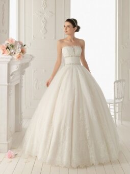 BallGown Strapless Tulle Lace Chapel Train White Ruffles Wedding Dress