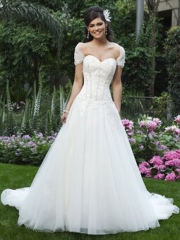 A-line Sweetheart Tulle Satin Sweep Train White Appliques Wedding Dresses
