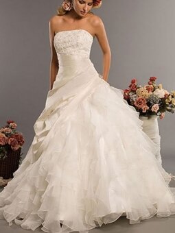 Ball Gown Strapless Pleating Beading Organza Sweep Train Wedding Dress