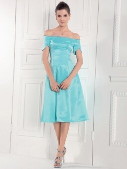 A-line Off-the-shoulder Satin Knee-length Short Sleeve Ruched Party Dresses