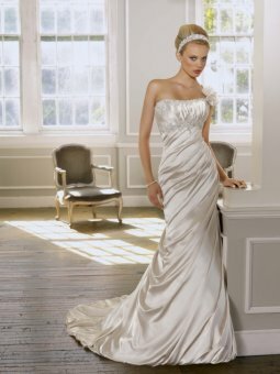 Ball Gown One Shoulder Crystal Beading Satin Chapel Train Wedding Dress