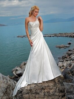 White Satin Floor Length One Shoulder Beads Empire Beach Wedding Dress