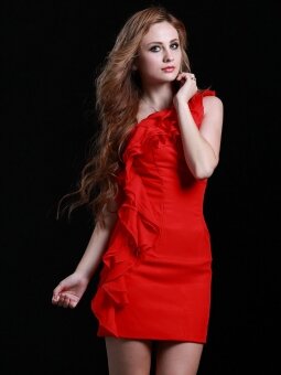 Sheath/Column One Shoulder Chiffon Short/Mini Red Ruffles Homecoming Dress