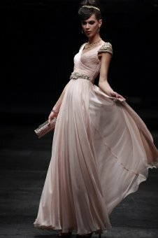 A-line V-neck Pink Crystal Ruched Chiffon Floor-length DressWD02022