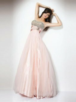 A-line Strapless Pink Beading Tulle Floor-length DressPROMD0001