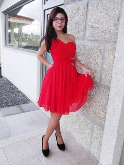 A-line One Shoulder Chiffon Knee-length Red Beading Homecoming Dress