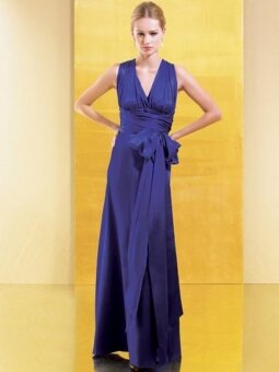 A-line V-neck Purple Ruffles Elastic Woven Satin Sleeveless Ankle-length Dress
