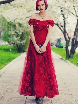 A-line Off-the-shoulder Tulle Satin Ankle-length Beading Prom Dresses
