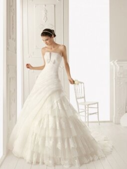 A-line Strapless Organza Lace Sweep Train Tiered Wedding Dresses