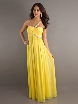 Empire One Shoulder Yellow Ruched Chiffon Floor-length Dress