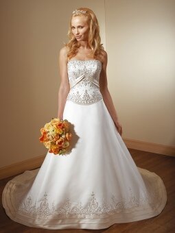 A-line Strapless Satin Sweep Train Embroidery Wedding Dresses