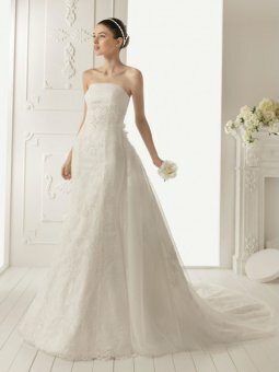 A-line Strapless Organza Lace Chapel Train White Flowers Wedding Dress