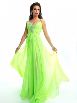 A-line V-neck Chiffon Floor-length Sage Beading Prom Dress