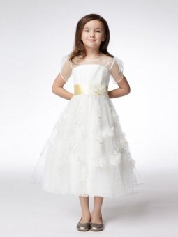 Scoop A-line Tea Length Floral Detailing White Tulle Flower Girl Dress (FLGL0196)