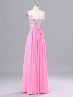 A-line Straps Chiffon Floor-length Sequins Prom Dresses