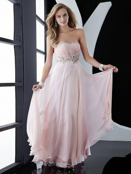 A-line Strapless Pearl Pink Beading Chiffon Floor-length Dress