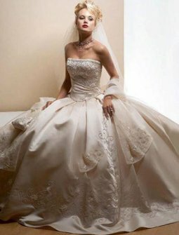 Ball Gown Strapless Embroidery Satin Chapel Train Wedding Dress