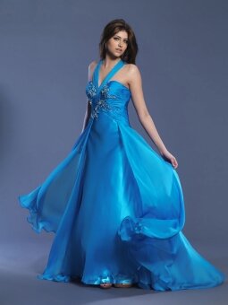 A-line Straps Chiffon Satin Floor-length Blue Beading Prom Dresses