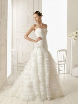 A-line Sweetheart Organza Chapel Train White Tiered Wedding Dress