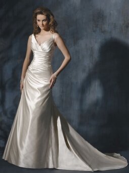 Sheath/Column V-neck Elastic Woven Satin Court Train Ruffles Wedding Dresses
