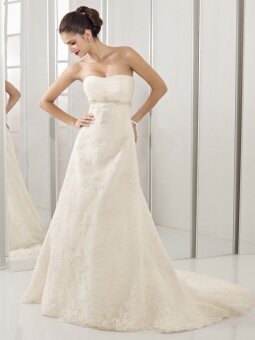 A-line Strapless Lace Satin Chapel Train White Beading Wedding Dress