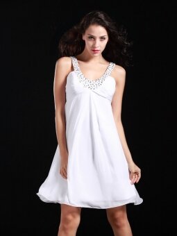 A-line Straps Chiffon Short/Mini White Beading Homecoming Dress