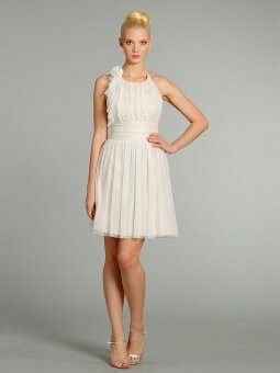 A-line Halter Tulle Satin Short/Mini Ruffles Bridesmaid Dresses