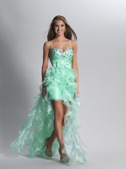 A-line Spaghetti Straps Organza Satin Asymmetrical Emerald Rhinestone Prom Dresses