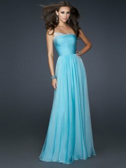 A-line Strapless Chiffon Floor-length Blue Beading Evening Dress