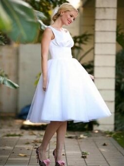 Ball Gown Straps Tulle Satin Knee-length Buttons Wedding Dresses