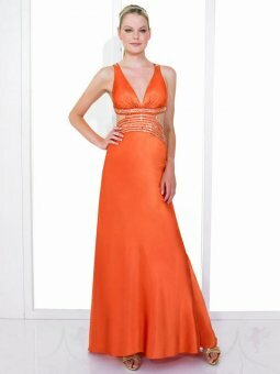A-line V-neck Elastic Woven Satin Sweep Train Orange Sequins Prom Dresses