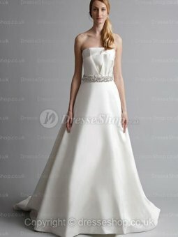 A-line Strapless Satin Chapel Train White Sequined Wedding Dress